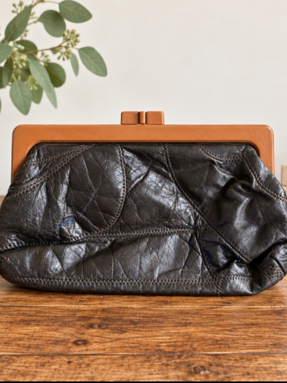 Vintage 60s 70s Dark Brown Leather Frame Clutch Purse Retro Handbag